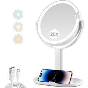 Makeup Mirror with Lights,20X Magnifying Mirror with Light and Touch Switch,Vanity Mirror with 3 Color Light and 80 LEDs,2-Sided Lighted Magnified Mirror 8.8 Inches (White)