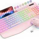 Wireless Keyboard and Mouse Combo, 9 Backlit Effects, Wrist Rest, Phone Holder, 2.4G Lag-Free Ergonomic Keyboards, KM22 MAX Rechargeable Silent Set for Computer, Laptop, Mac, Windows -SABLUTE（Pink）