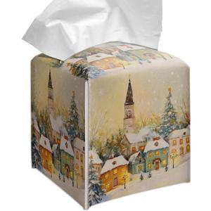 Grace Yonks Christmas Tissue Box Cover Square, Church and Village Lights Design Cube Case for Facial Tissues, 5.2" PU Leather. (090)