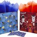 JWSCYSY 2Pack 12.6" Large Happy Halloween Bags with Card and Tissue Paper, Trick or Treat Paper Gift Bags for Kids Holloween Party Favor. (Blue Red)