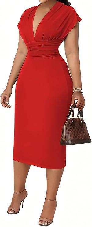 Women's Bodycon Midi Dress Deep V-Neck Cap Sleeve Ruched High Waist Stretchy Dresses for Date Nights, Parties & Work, XL