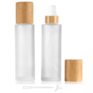 Frosted Glass Lotion Bottle,2 Pack Cosmetic Cream Bottles With Bamboo Lid Empty Travel Spray Bottles Pump Dispenser For Essential Oil Emulsion Essence Liquid (100ml)