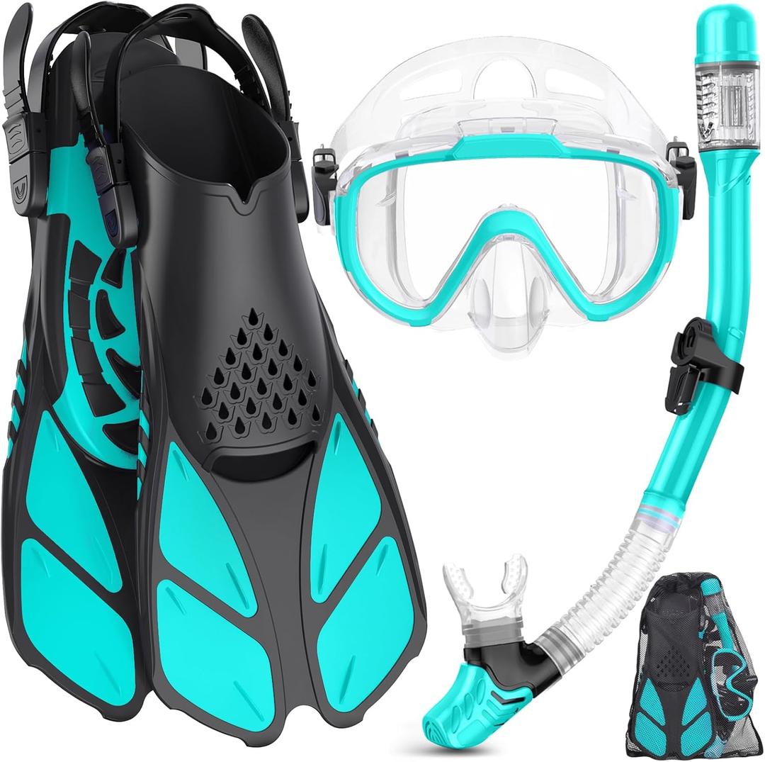Snorkeling Gear for Adults Men Women,4 in 1 Snorkel Set with Panoramic View Diving Mask Anti-Fog Anti-Leak,Dry Top Snorkel,Fins and Travel Bag for Swimming,Snorkeling and Travel Diving (Small-Medium, Transparent Green)
