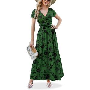 ANRILITA Maxi Dress for Women Wrap V Neck Short Sleeve Empire Pleated Waist Summer Casual Elegant Long Dresses with Pockets (XX-Large, Green Black)