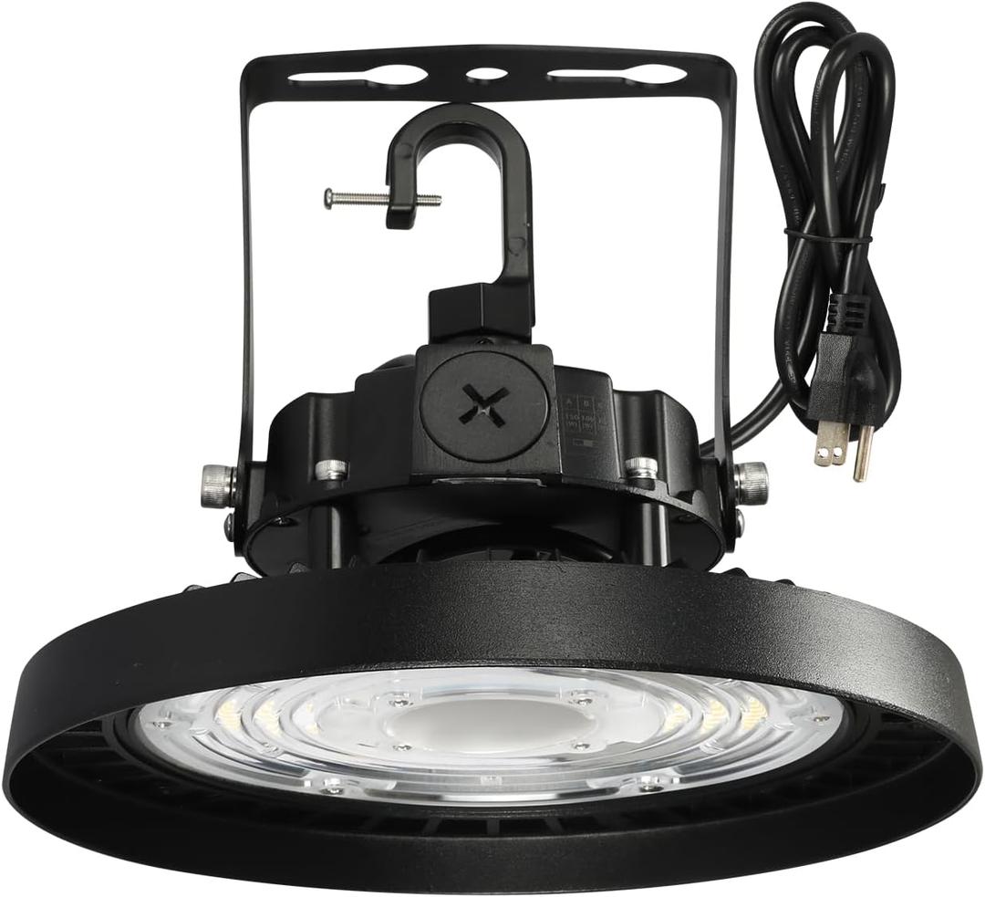 UFO LED Warehouse High Bay Light 150W Dimmable, 5000K Daylight with US Plug Hook 4Ft Cable, 22500LM, IP65 Commercial Area Light Fixture for Factory Barn, UL Listed
