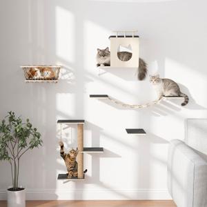 5-in-1 Cat Wall Shelves Set with Hammock, Wall-Mounted Cat Furniture Includes Condo, Bridge, Ladder & Steps for Indoor Cats, Safe & Stable (Gray)