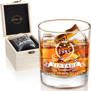 LIGHTEN LIFE 40th Birthday Gifts for Men 12 oz,1985 Whiskey Glass in Valued Wooden Box, Bourbon Glass for 40 Years Old Dad,Husband,Friend,40 th Bday Gift Ideas,40th Birthday Decorations