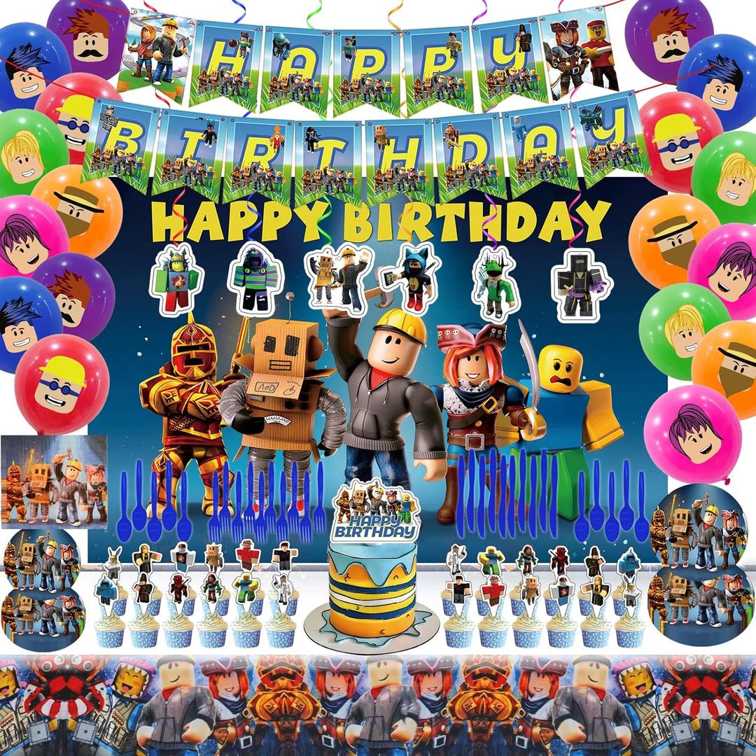 Birthday Party Decorations - Theme Children's Party Supplies Included Happy Birthday Banner, Backdrop, Hanging Swirls, Tablecloth, Cupcake Cake Toppers, Plates, Tableware, Napkins, Balloons