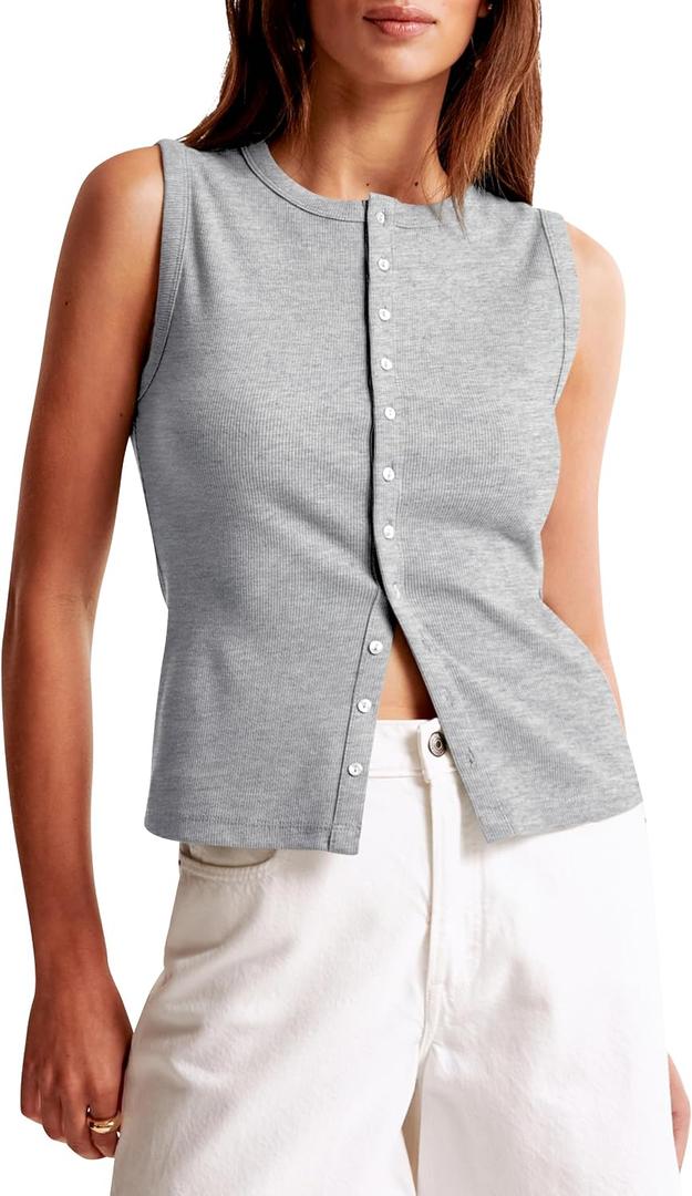Cioatin Women Ribbed Button Down Tank Tops Sleeveless Crew Neck Slim Fit Open Front Crop Vest Going Out Y2K Clothes Heather Gray (S)