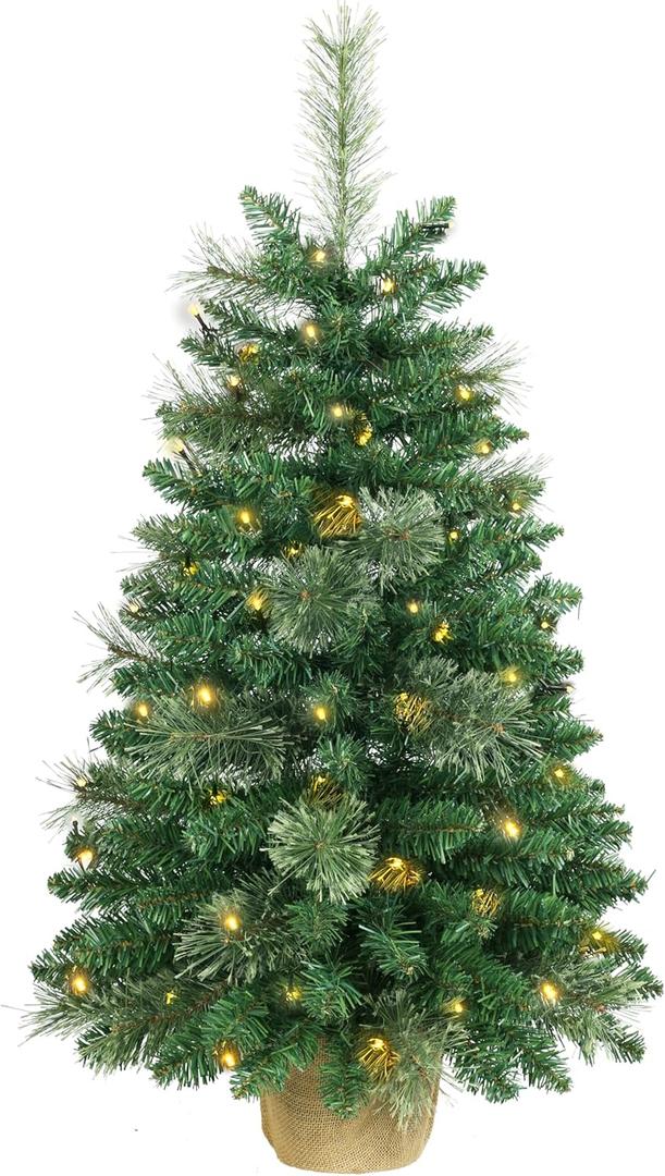 3ft Pre-lit Artificial Christmas Tree,100 PVC Branches Tips+20 Flowering Pine Needles+Burlap Wrapped Plastic Base,Battery Operated Green Xmas Tree for Tabletop or Desk