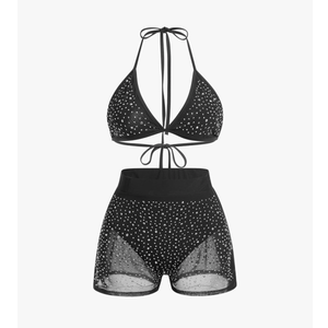 Women Sparkle Rhinestone Mesh Sheer Bikini Sets Halter Bra Top High Waist Shorts Bottom Swimsuits Rave Outfit Size L