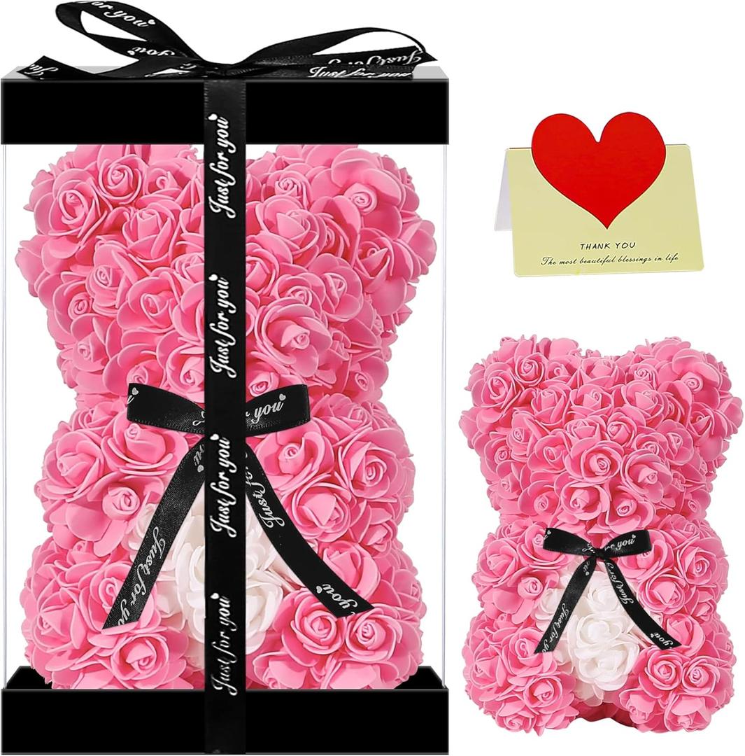 Double Couple Gift for Mom Women-Rose Cute Bear - Rose Adorable Teddy Artificial Bear - Best Gift for Valentines Day, Mothers Day, Anniversary, Birthdays- Clear Gift Box Included!10 Inches Tall (Pink)