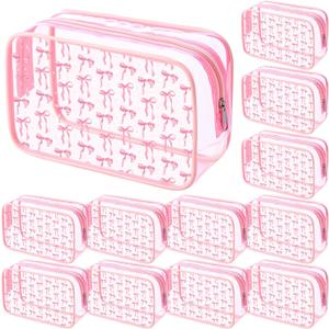 Kacctyen 12 Pcs Pink Bow Cosmetic Bag Coquette Preppy PVC Makeup Bag Bulk Clear Zippered Travel Toiletry Pouch Gift for Women Birthday Party Favor Bridal Shower (7 x 4.7 Inches)