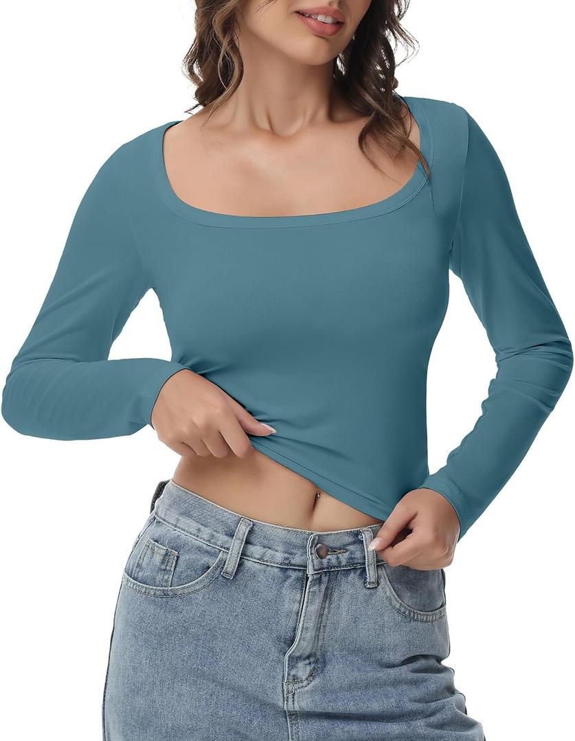Women's Long Sleeve Crop top, Ribbed & Slim Fitted Cotton Shirts, Square Crewneck Tee Basics for Daily & Casual Wear, Xmist Blue, (Large)