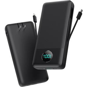 Portable Charger 33800mAh USB C Power Bank with Built-in Cables & AC Wall Plug,25W Fast Charging+QC 4.0 Phone Charger,4 Output LCD Display Battery Pack Compatible with iPhone16/15,Samsung,Android etc