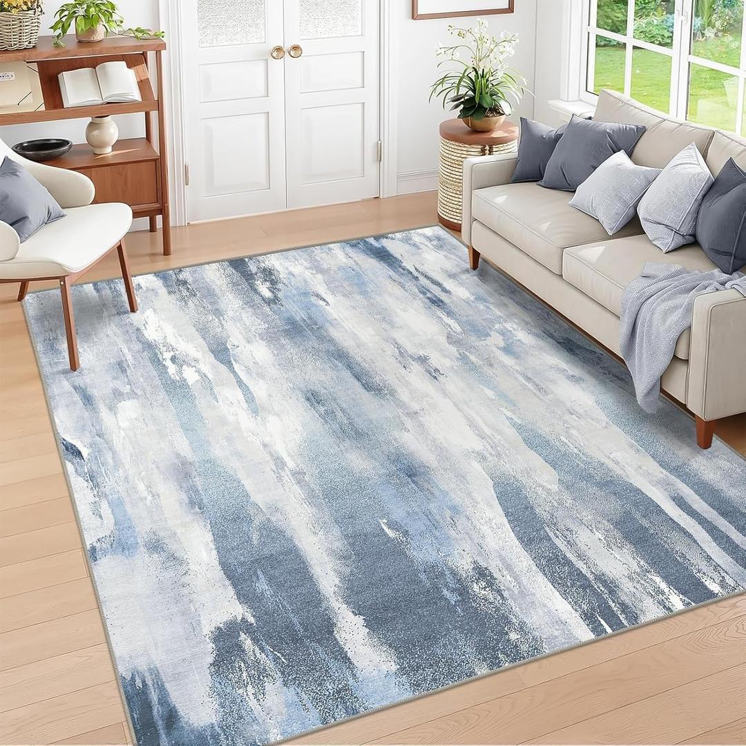 INGEROOM 6x9 Washable Area Rug - Abstract Rug Machine Washable Non-Slip Indoor Carpet for Living Room, Bedrooms and Dinner Room Made of Soft Cashmere(Blue & Grey)