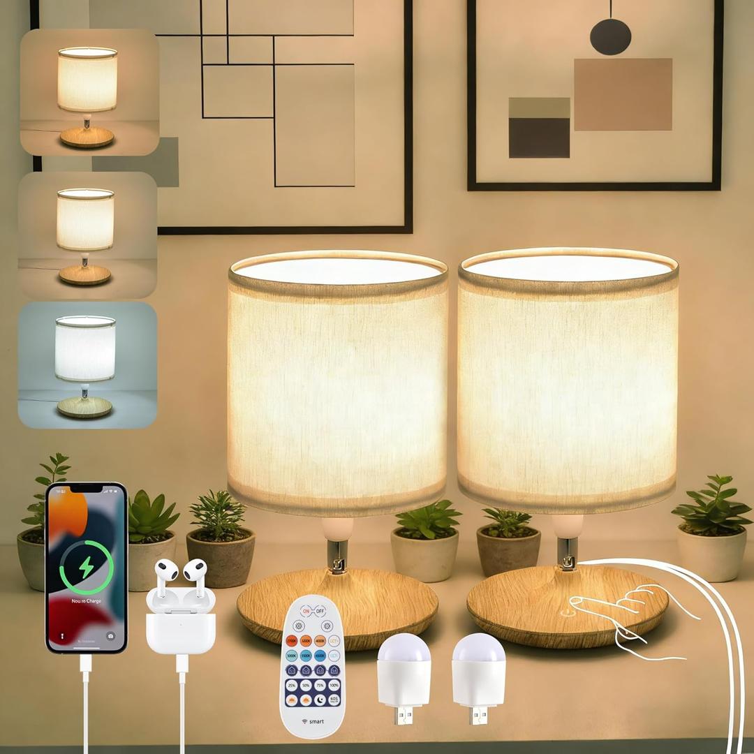 Table Lamps Set of 2, Bedside Lamps with USB C Ports for Nightstand, Dimmable Touch Table Lamps for Bedroom Living Room, 3 Color Temperatures with Remote & App Control, 2 LED Bulbs Included