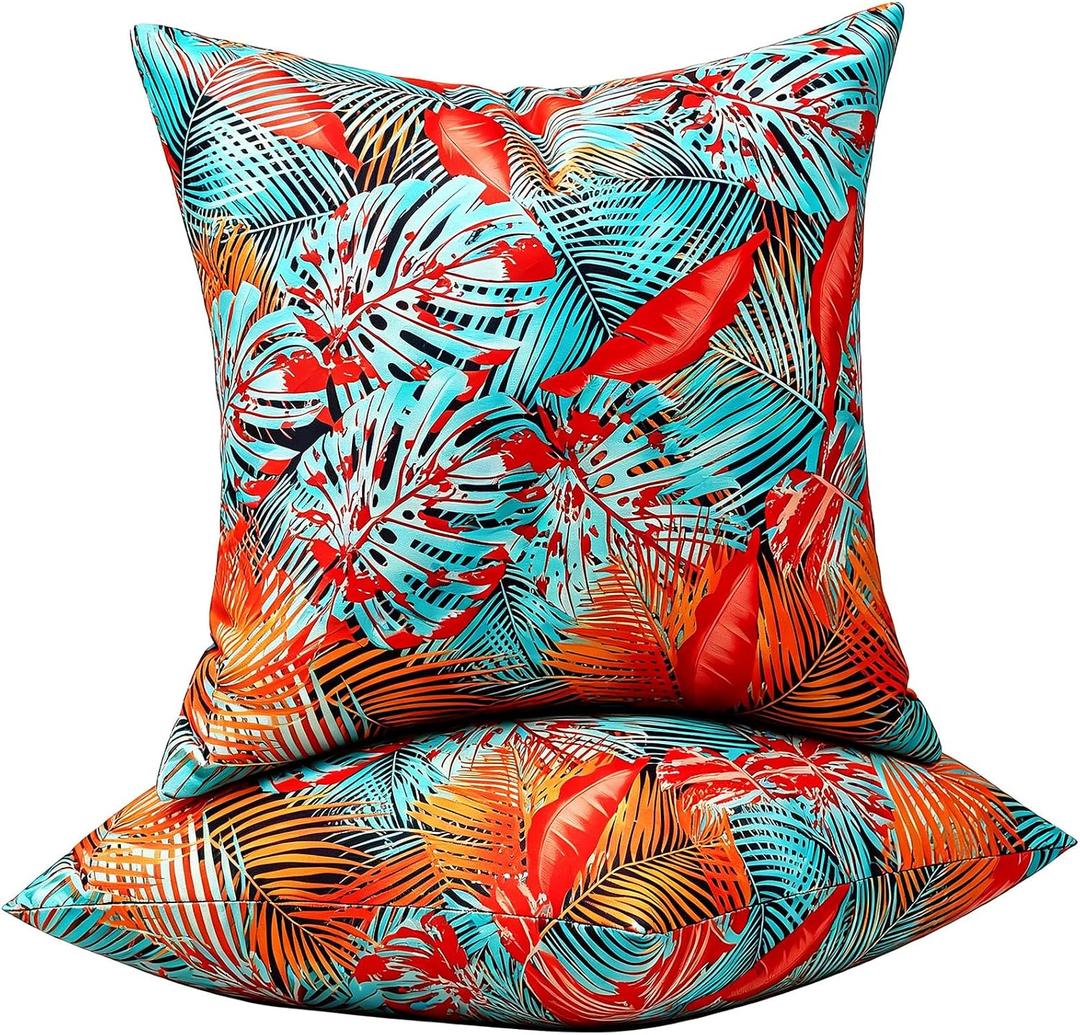 Outdoor Waterproof Pillow Covers Decorative Throw Pillow Covers Summer Blue Red Tropical Leaves Square Couch Covers Garden Farmhouse Cushion Cases 16x16 Set of 2 for Patio Tent Balcony Furniture Sofa