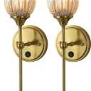 Modern Wall Sconces Set of 2 with Amber Flower Glass Shade, Mid Century Bathroom Vanity Wall Light Fixtures Gold Vintage Wall Lights with Switch for Mirror Bedroom Living Room