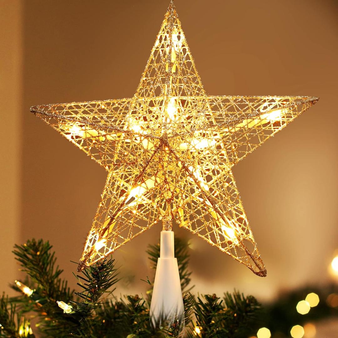 Brizled Silver Christmas Tree Topper, 9 Christmas Star Tree Topper with 10 Warm White Lights, Pre-lit Glittered Star Treetop, 120V UL Listed Lighted Xmas Treetop for Christmas Tree Home Decorations