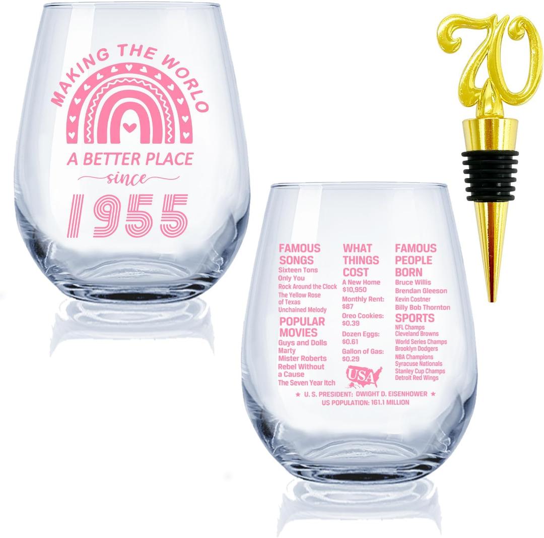 1955 Old Time Information 70th Birthday Gifts for Women Men - 1955 Vintage 15 oz Stemless Wine Glass - 70 Year Old Birthday Party Decorations - Thirty Class Reunion Ideas