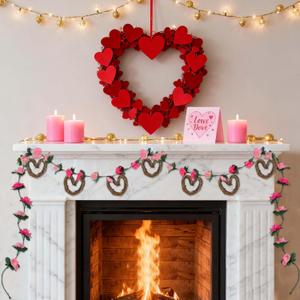 Valentine's Day Rattan Heart Garland, 7.5ft Artificial Rose Vine with Heart Ornament Floral Valentine's Day Banner Indoor Flower Outdoor Decorations for Mantel Fireplace Wall Home Farmhouse