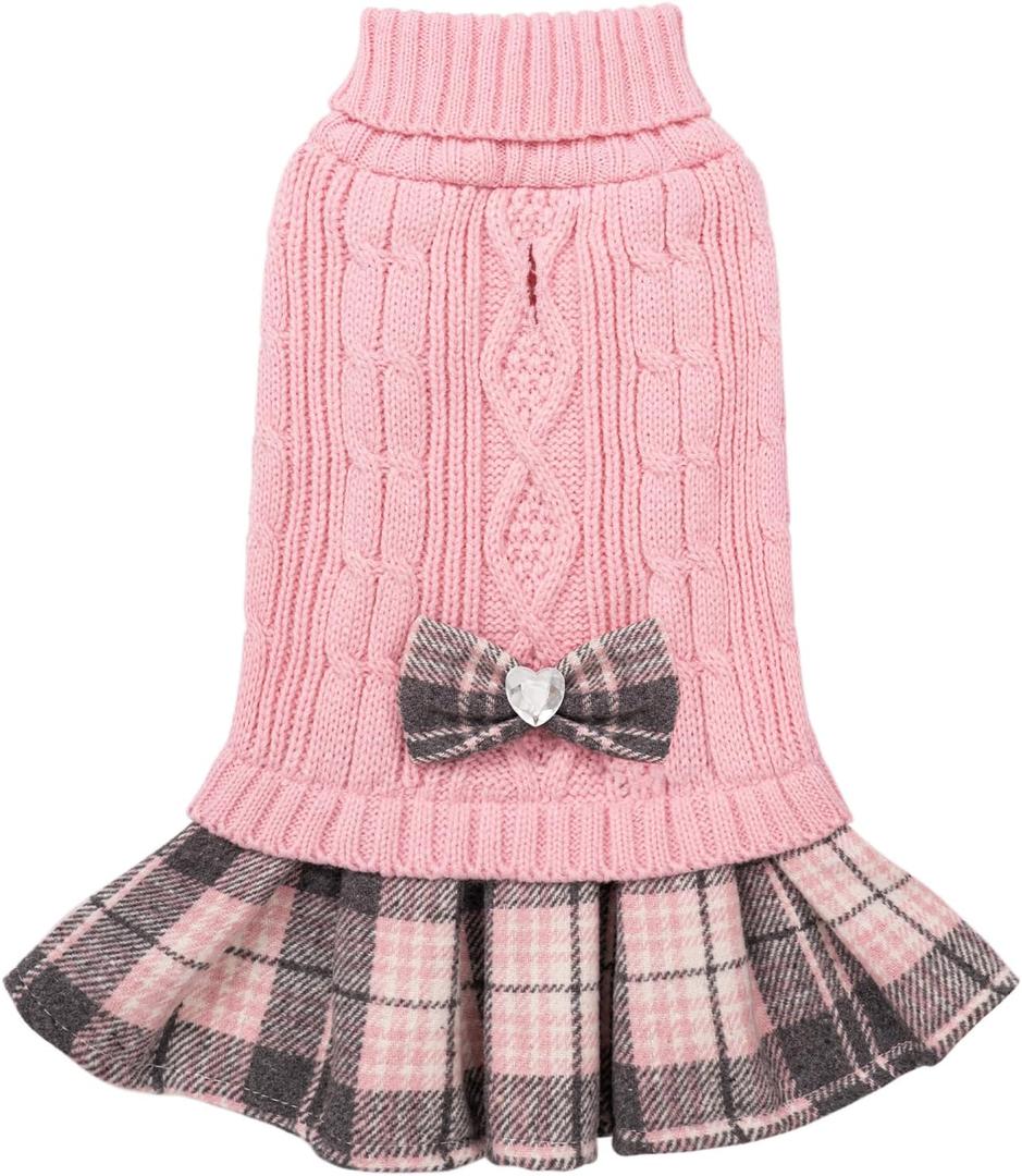 YUDODO Dog Sweater Dress for Small Dogs Girl with Bowtie Winter Warm Dog Turtleneck Sweater with Leash Hole Soft Puppy Knitwear Clothes Cute Doggie Dresses for Yorkie Chihuahua (Pink, Small)