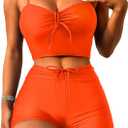 Lilosy Drawstring High Waisted Bikini Set Srting Swimsuit Spaghetti Strap Cami Top and Tie Side Shorts 2 Piece (Large, Orange)