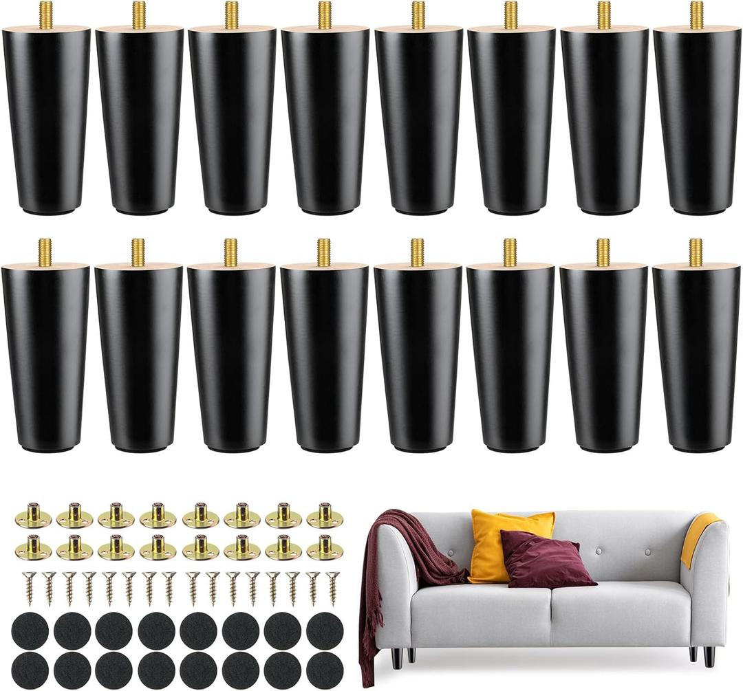 Maitys 4 Inch Round Solid Furniture Legs Furniture Wooden Replacement Chair Feet Dresser Sofa Couch Legs Table Cabinet Footstool DIY Projects for Home (Black,16 Pcs)