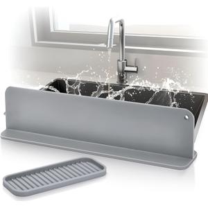 Sink Water Splash Guard - Silicone Sink Splash Guard with 5 Strong Suction Cups, Non-Slip Design for Maximum Stability. (17.32 x 2.2 x 3.94") + Silicone Soap Tray (Light gray)