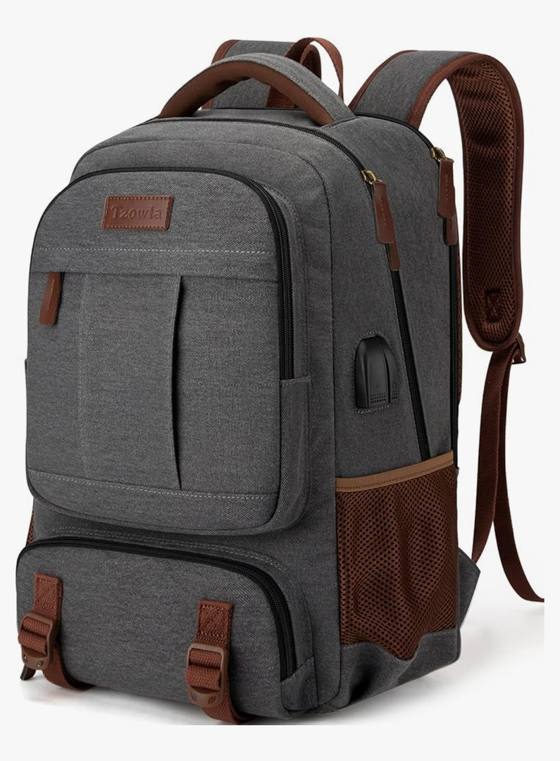 Tzowla Canvas Laptop Backpack,Bag for Men Women,Travel Work Rucksack Fits 15.6 Inch Laptop, Bookbag with USB Charging Port-Dark Grey