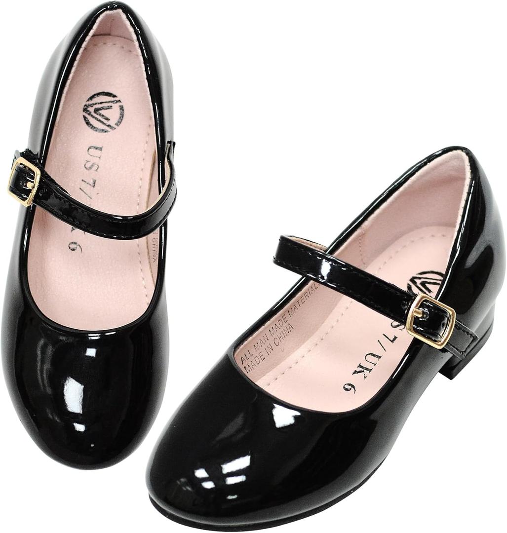 Girls Dress Shoes-Mary Jane Shoes for Girls Low Heel Princess Hook and Loop Dress Shoes Party Wedding Flats, Size: 2 Big Kid (Black)