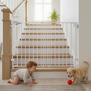 Mumeasy 29.5-43.3" Baby Gate for Stairs, No Bottom Bar Dog Gate with Removable Door & Slide-Adjust Drill Mount, Extra Wide Stairway & Hallway Walk Thru Pet Safety Gate for Doorways, Kitchen (White)