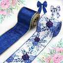 2 Rolls Christmas Flowers Ribbons for Wreath Bows, 2.5"×10 Yards Blue Velvet Wired Edge Ribbon Blue Rose Ribbons for Crafting Wedding Bridal Shower Decorations Supplies