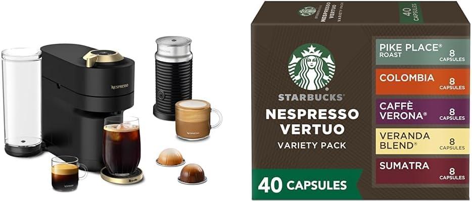 Nespresso Limited-Edition Vertuo Pop+ Deluxe Coffee and Espresso Maker by Breville with Milk Frother, Matte Black Gold + Starbucks Capsules, Vertuo Line
