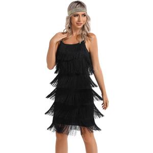 Women's Great Gatsby Flapper Spaghetti Tassel Dress with Headband, 20s Elegant Mini Dress Party Accessory COSTUME OUTFIT (L, Black)