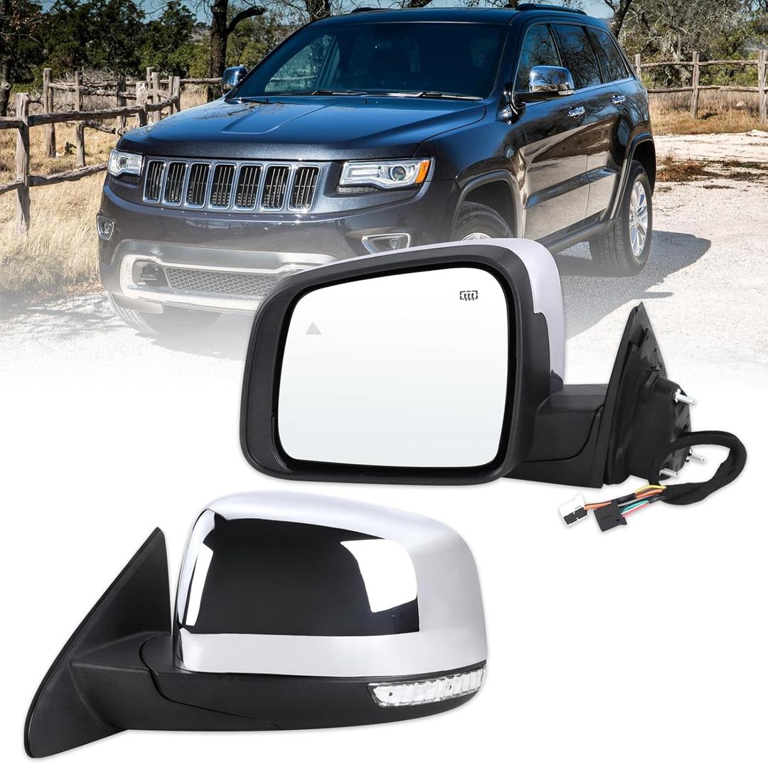Lqito Left Driver Side Mirror Fits 2014-2021 Jeep Grand Cherokee 2022 Grand Cherokee WK With Manual Folding Power Glass Heated Turn Signal Mirror Memory Blind Spot Chrome Replace#68236933AB(13Pins)