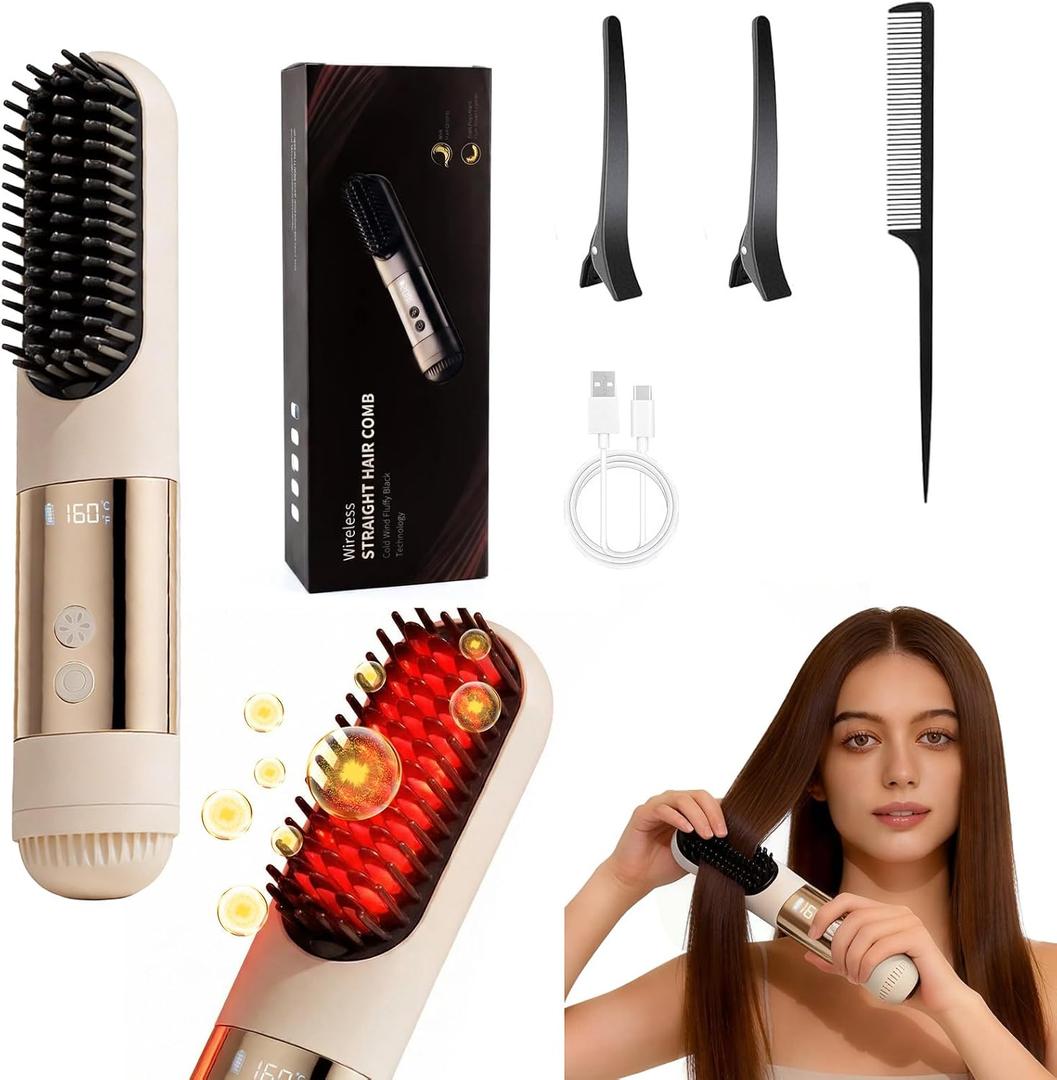2026 New Go Brush Pro - 3 Temps Portable Cordless Hair Straightener Brush for Travel, 30s Fast Heat & Led Digital Display(C/F), Cool Air Setting On the Back (Beige)