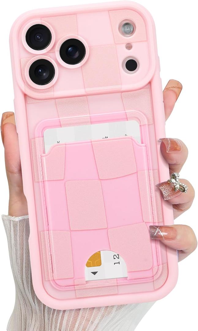 KANGHAR Compatible with iPhone 17 Pro Max Case 2025, Wallet Silicone Checkered Cute Pattern, Card Holder Camera Protection Soft Slim Shockproof Edge Cover for Girls Women -Pink