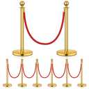 8 Pack Upgraded Stainless Steel Stanchions and Velvet Ropes 5FT Extended Red Carpet Ropes Poles Crowd Control Safety Barriers Set with Stable Base for Theaters Parties Wedding Exhibition (Gold)