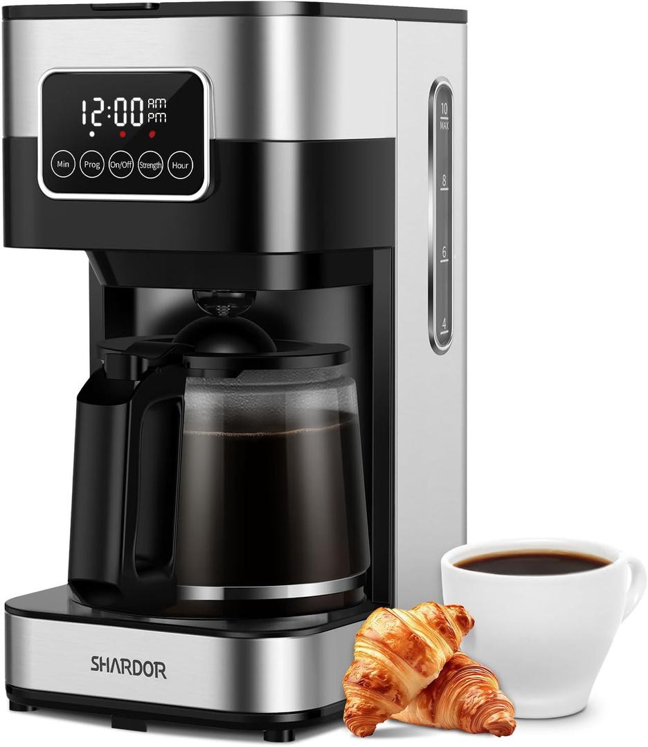 SHARDOR 10-Cup Programmable Coffee Maker, Regular & Strong Brew Drip Coffee Machine for Home and Office, Auto Shut Off, Permanent Filter, Silver