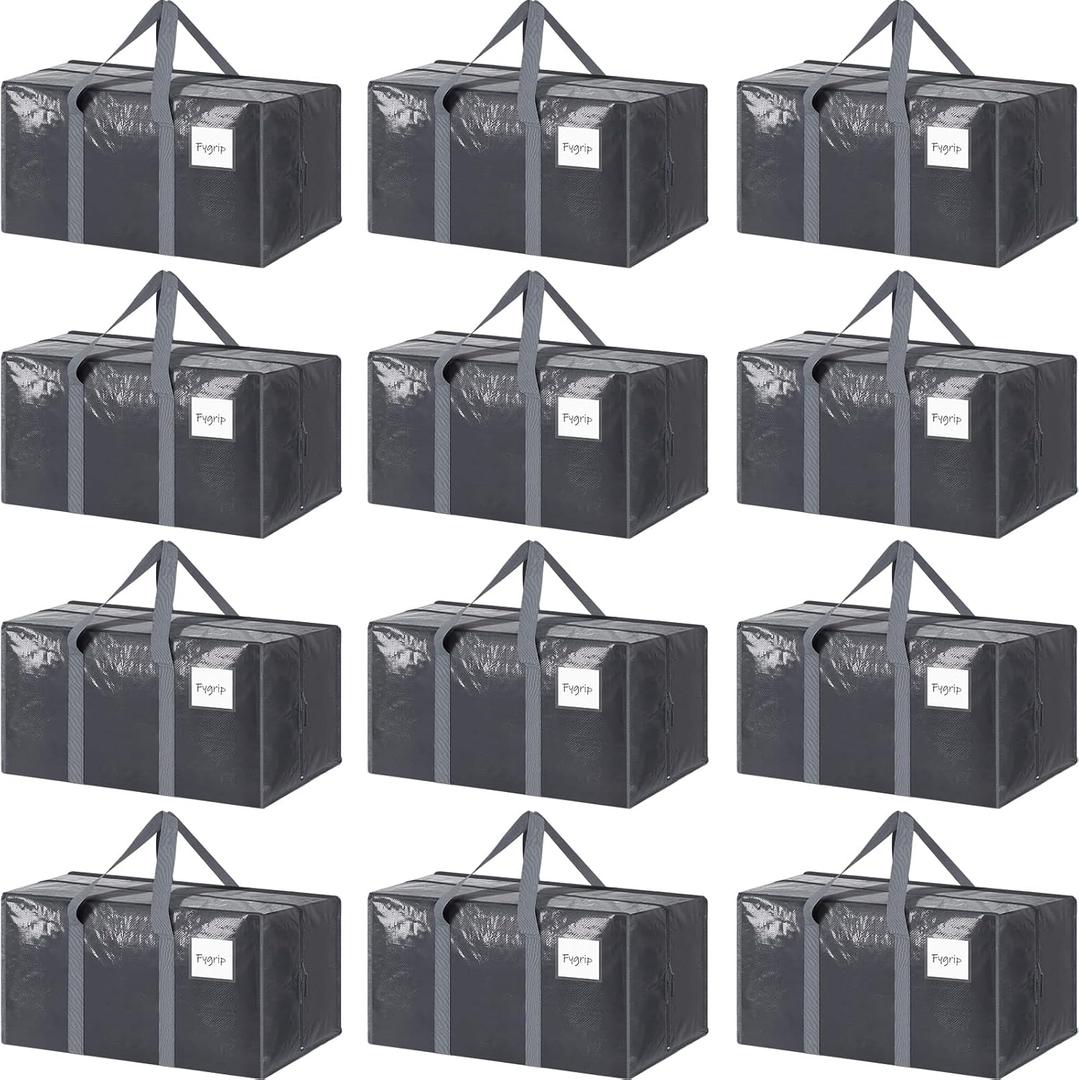 12 Pack Extra Heavy Duty Large Moving Bags with Strong Zipper & Comfortable Handles, Sturdy & Durable Clothes Storage Bags Totes Bins, Packing Moving Boxes for College Supplies, Gray
