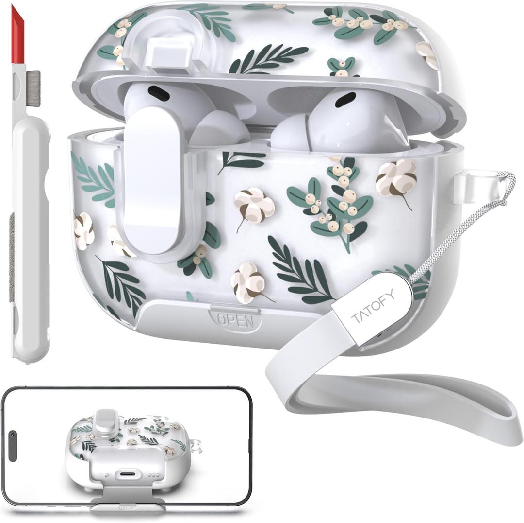 TATOFY for AirPod Pro 3 Case (2025) with Phone Stand Lanyard Lock Cleaning Kit, Compatible with Magsafe, Flowers Hard AirPods Pro 3rd Generation Cover for Women (Green, AirPods Pro 3)