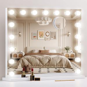 Vanity Mirror with Lights, Makeup Mirror with 17 Dimmable LED Bulbs, 3 Color Lighting Modes Detachable 10X Magnification Mirror Touch Control, 23.6X19,7 inch, White
