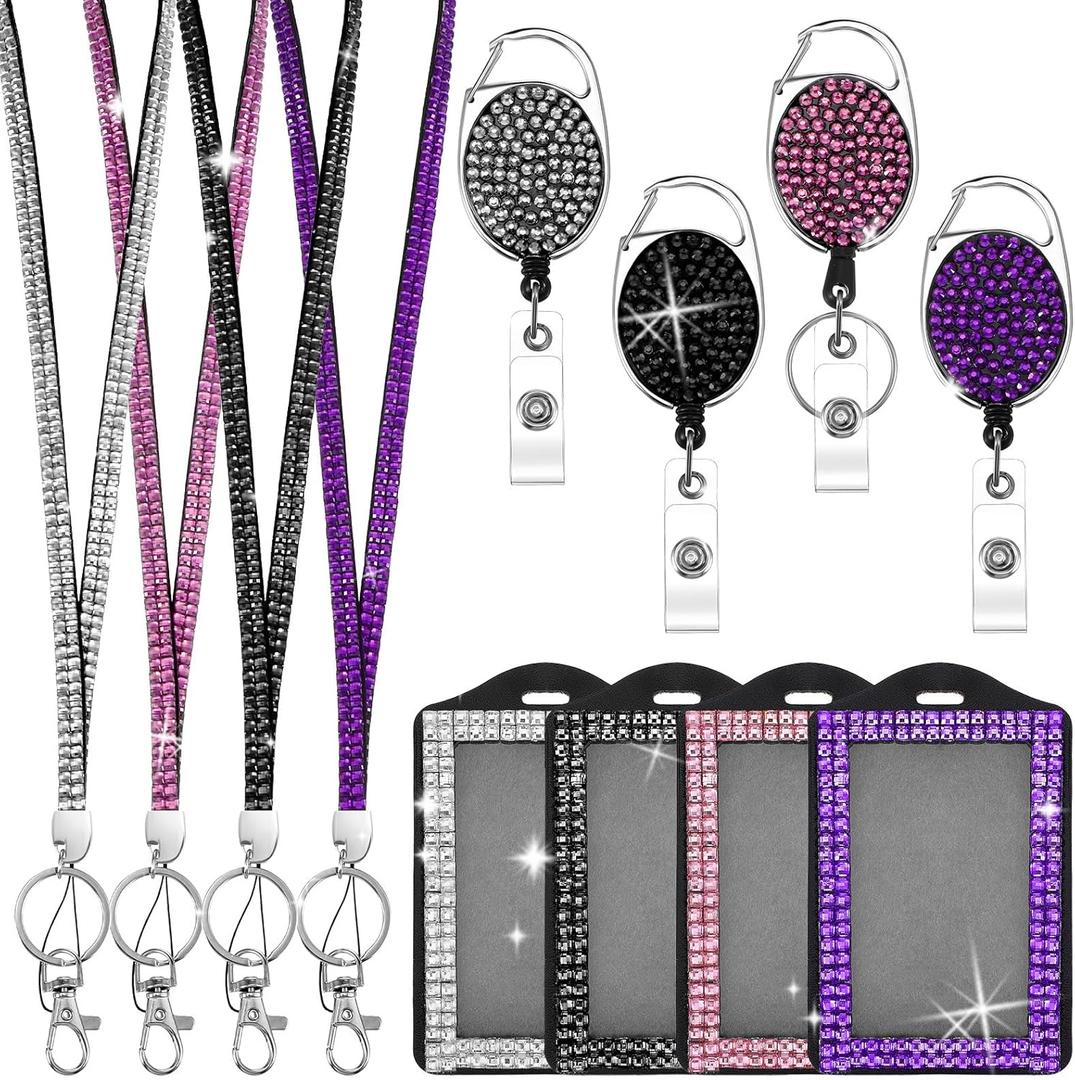 4 Color Upgraded Rhinestone Lanyard for ID Badges, Bling ID Card Holder Crystal Retractable Badge Reel Neck Lanyard with Metal Clasp and Key Ring