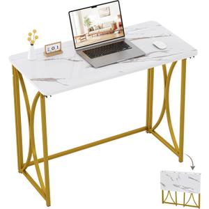 Folding Desk, 31.5" Small Desk for Bedroom, Space Saving Foldable Computer Desk for Home Office, Easy Assembly, White and Gold
