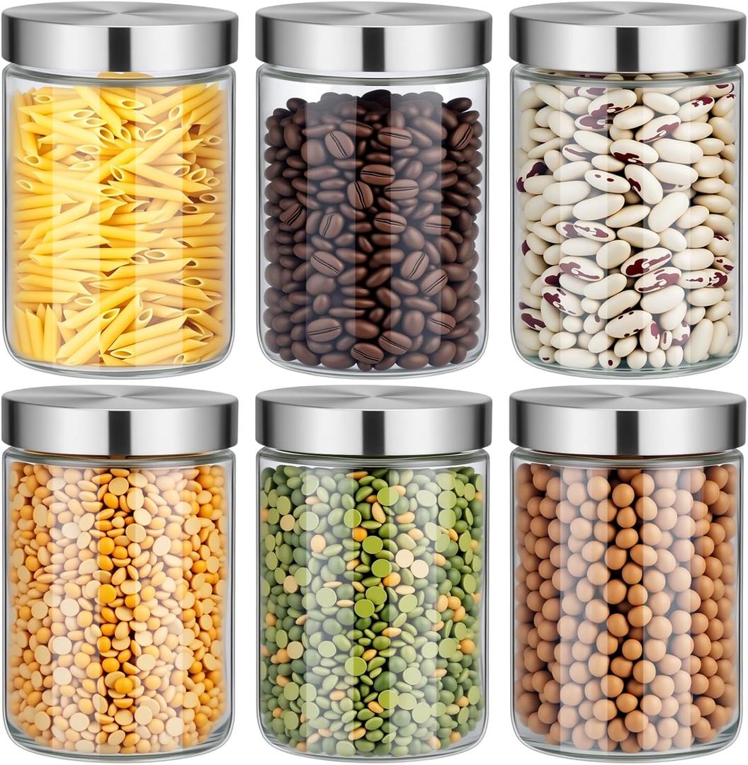 6 Pcs 34 oz Clear Glass Canister Set with Stainless Steel Lids, Food Storage Containers for Kitchen & Pantry Storage, Dry Foods Including Flour Sugar Coffee Rice Tea Spices Herbs