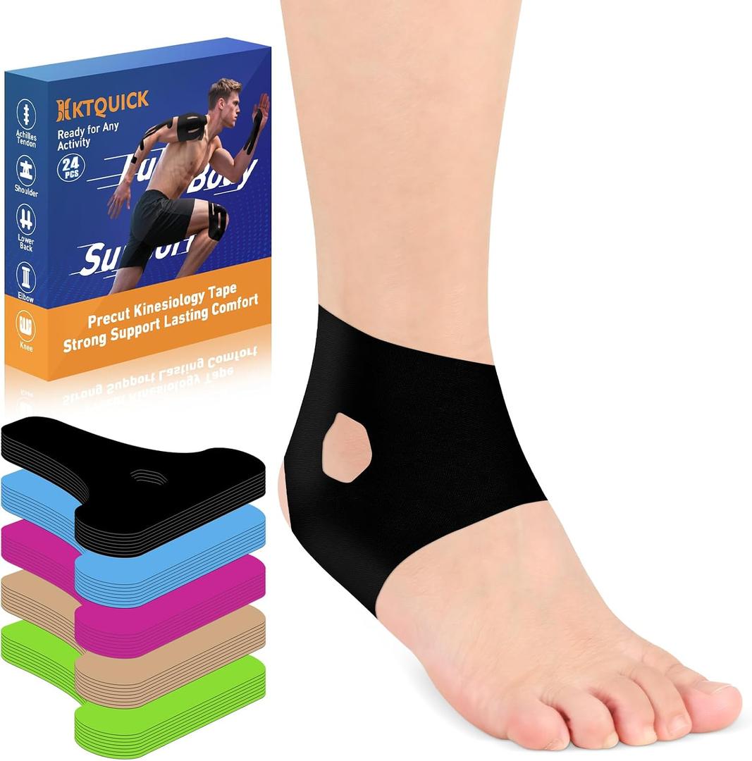 Precut Kinesiology Tape for Ankle, Upgraded Ankle Tape Athletic 24PCS, KTQUICK Tape for Ankle Support & Pain Relief, 5% Stronger Adhesive, Waterproof & Breathable Cotton Kinesiology Tape Ankle(Black)
