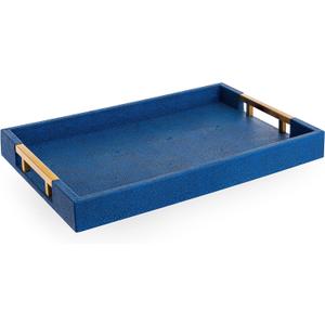 Modern Elegant 18x12 Rectangle Navy Blue Faux Leather Shagreen Decorative Tray Ottoman Tray Coffee Table Perfume Living Room Kitchen Serving Tray with Brass Gold Metal Handles by Home Redefined. (Navy/Gold Brass)