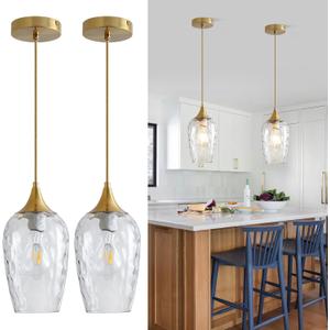 Glass Pendant Lights Kitchen Island 2 Pack, Gold Pendant Light Fixtures with Hand-Blown Clear Glass Modem Farmhouse Hanging Light for Kitchen Sink Dining Room Bedroom